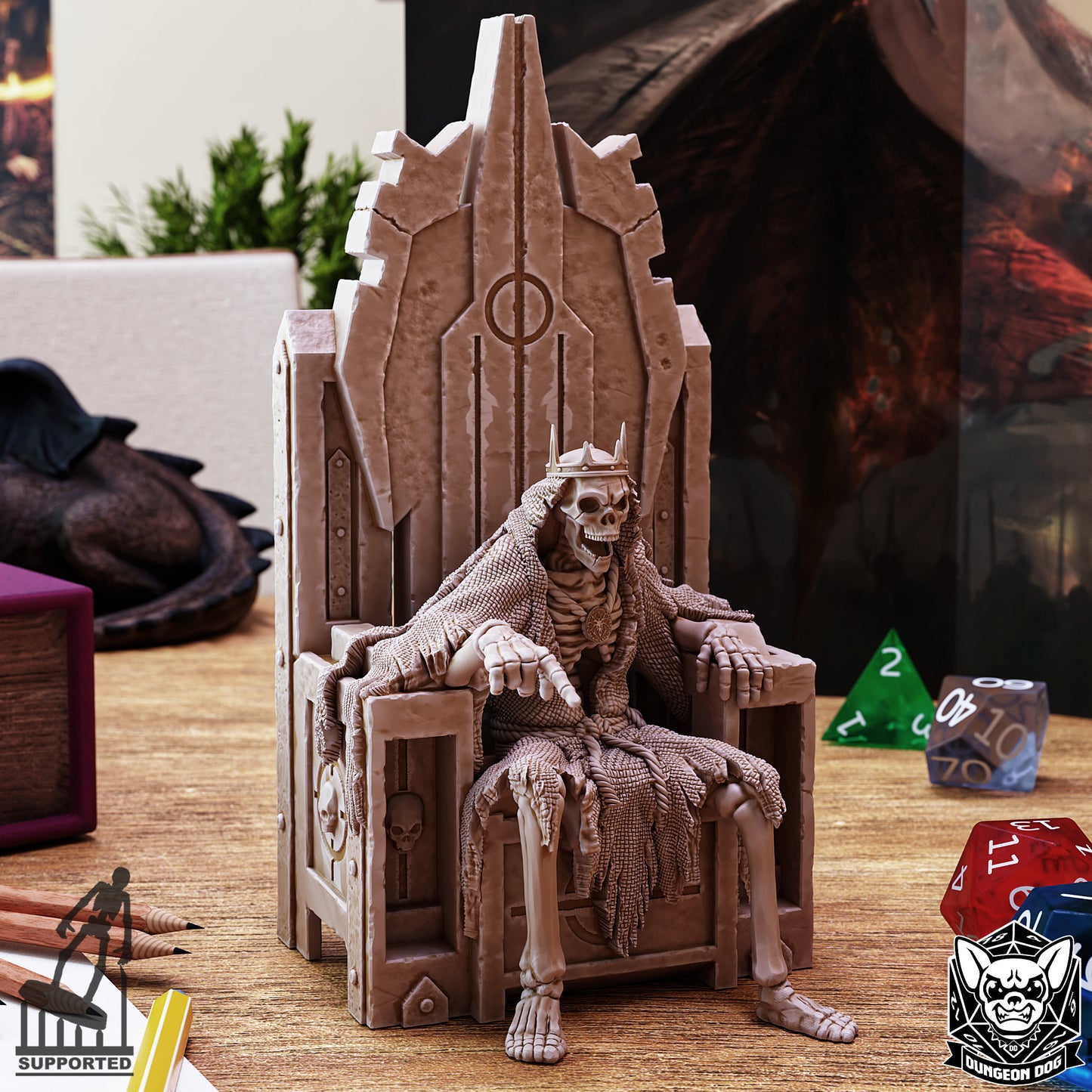 Dungeon Dog Crypt Thing miniature featuring a skeletal king with a crown sitting on a massive stone throne.