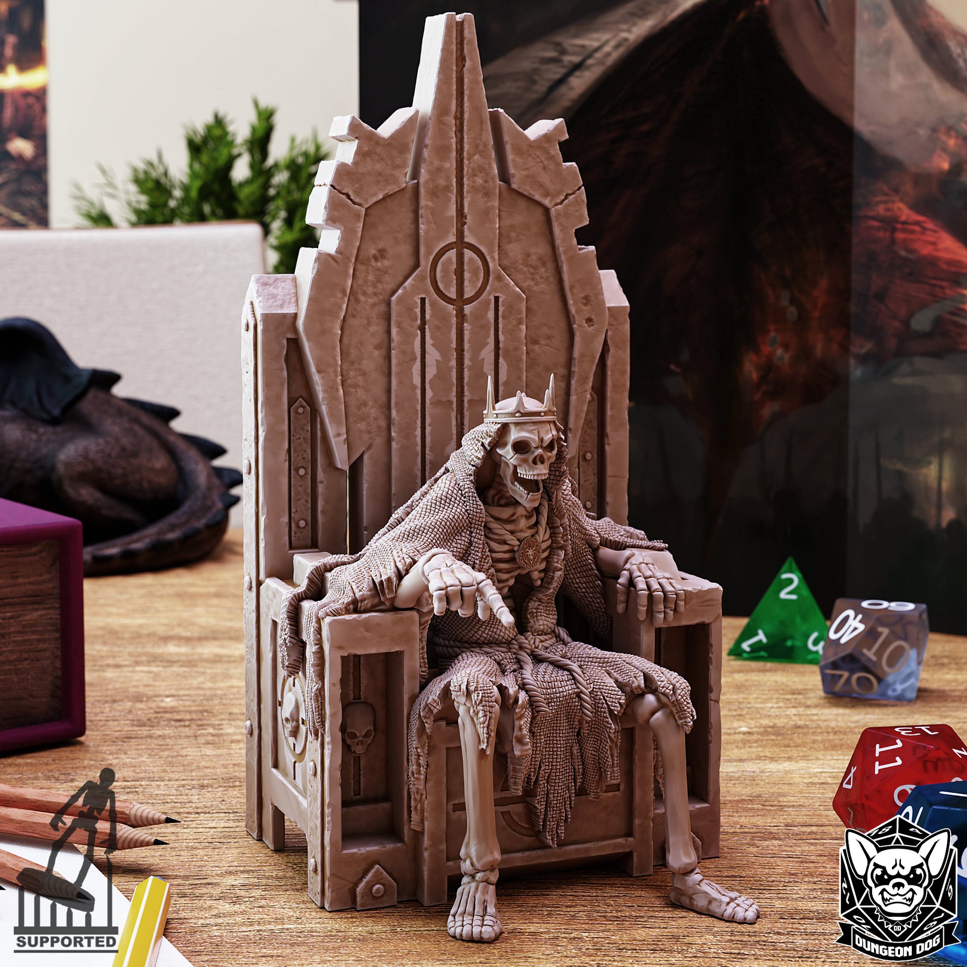 Dungeon Dog Crypt Thing miniature featuring a skeletal king with a crown sitting on a massive stone throne.