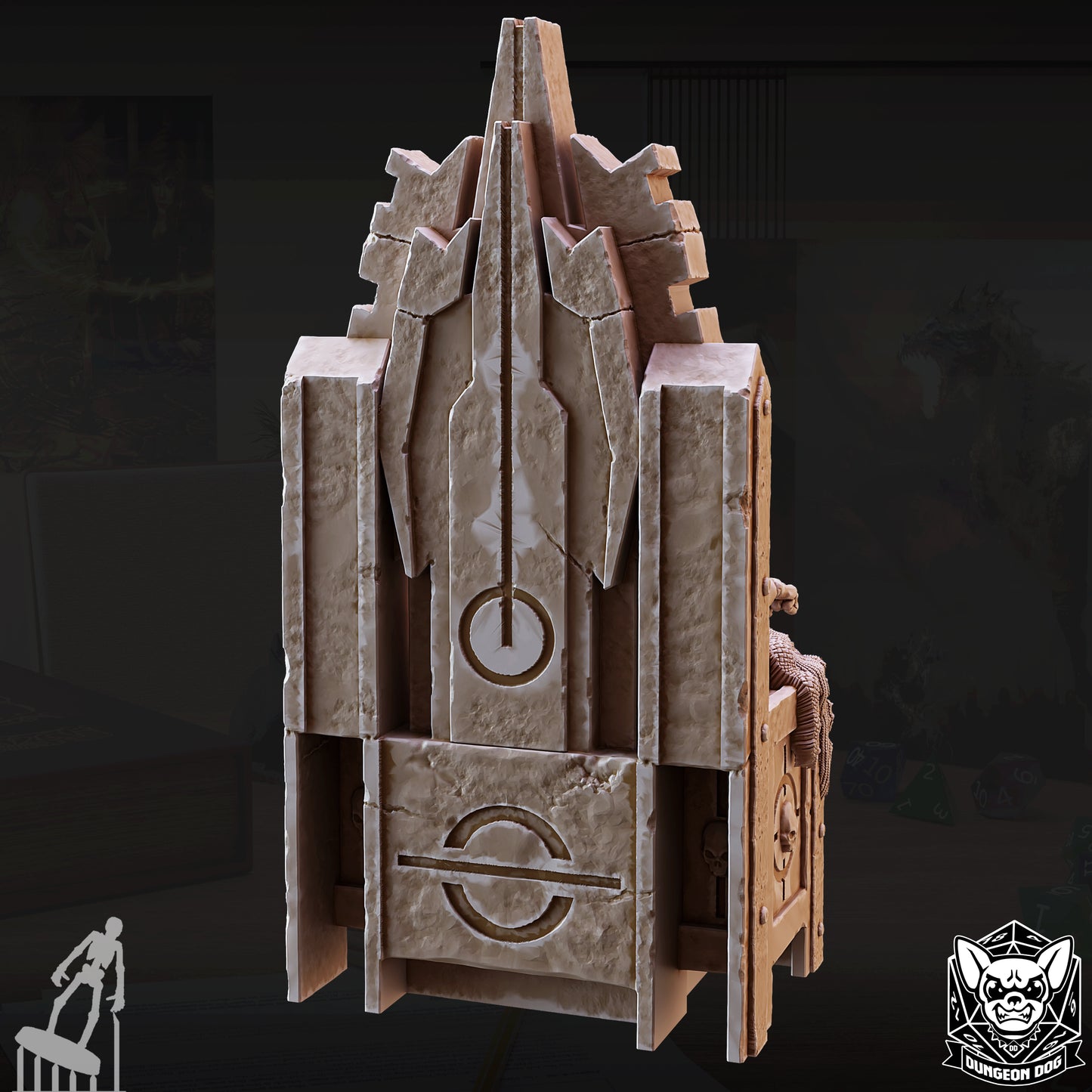 Rear view showing the weathered stone texture and arcane symbols carved into the back of the Crypt Thing's throne.