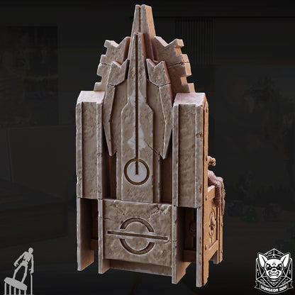 Rear view showing the weathered stone texture and arcane symbols carved into the back of the Crypt Thing's throne.
