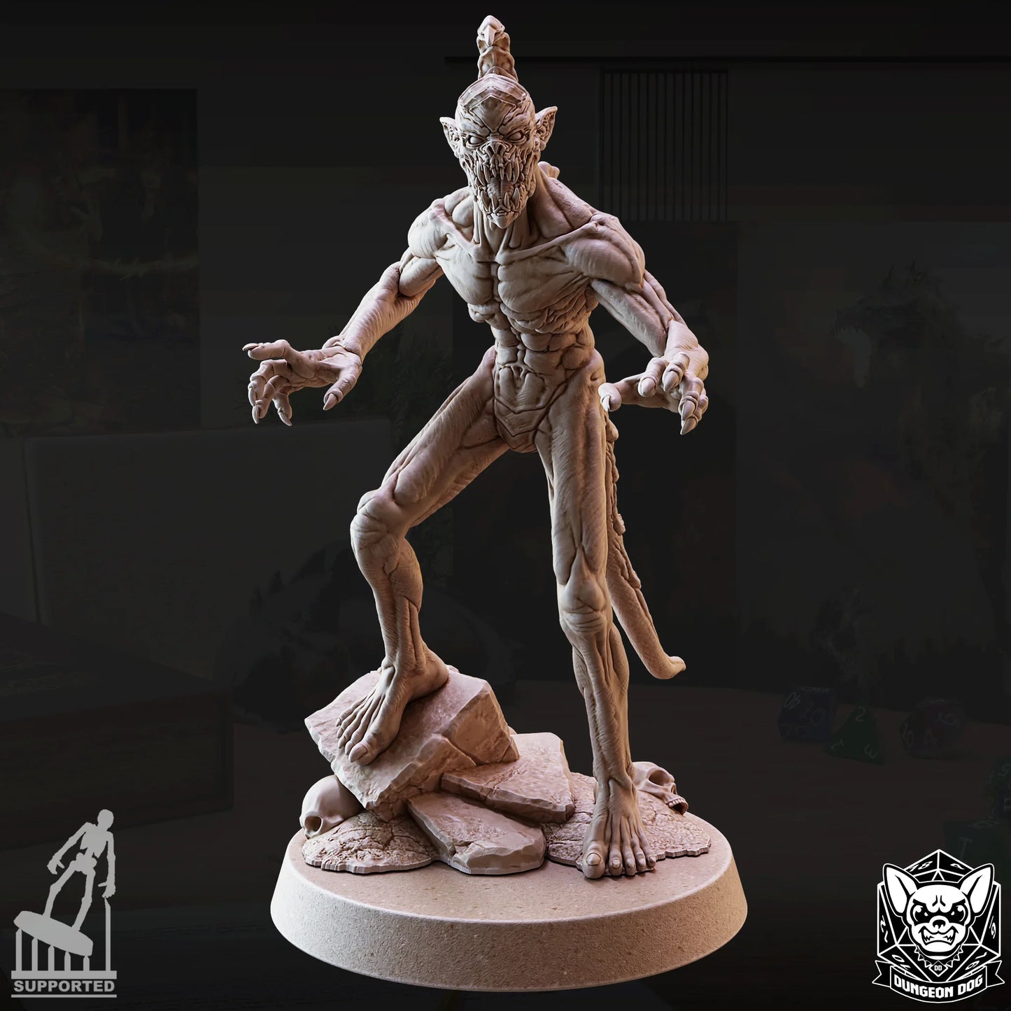 Babau demon miniature posed on rubble base with claws extended, perfect for DnD and TTRPG encounters
