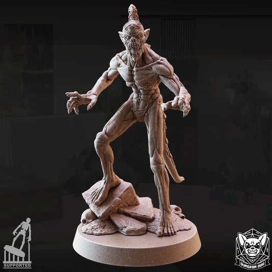 Babau demon miniature posed on rubble base with claws extended, perfect for DnD and TTRPG encounters