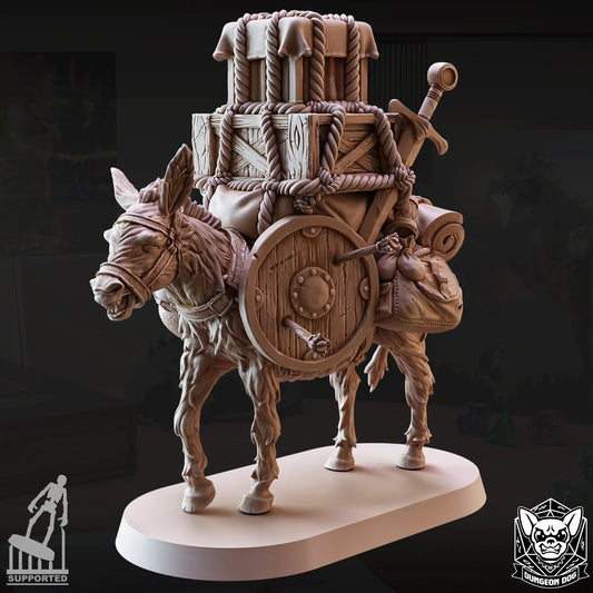Detailed pack donkey miniature with gear and crates. Great for fantasy TTRPG terrain or as a traveling companion. Resin printed.