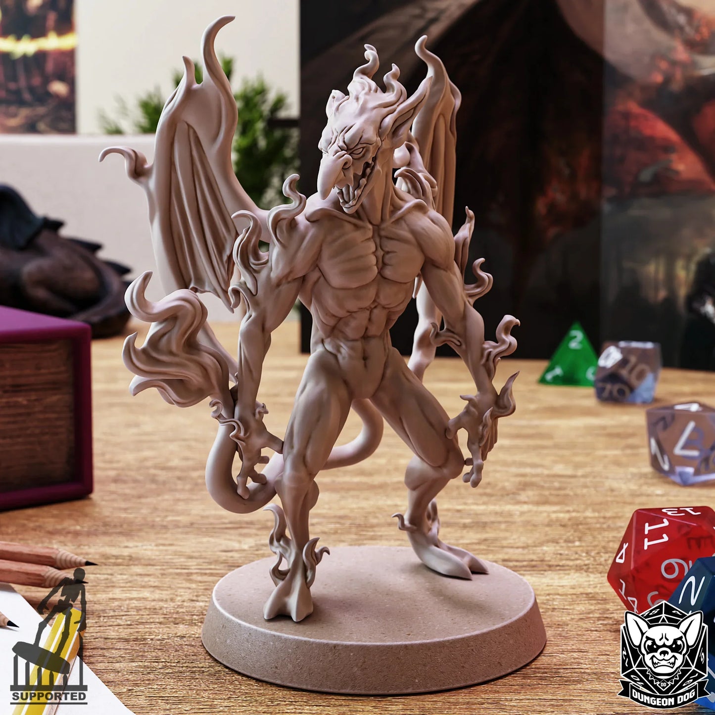 Fire Mephit resin miniature with flame effects and wings, perfect for DnD and tabletop RPGs