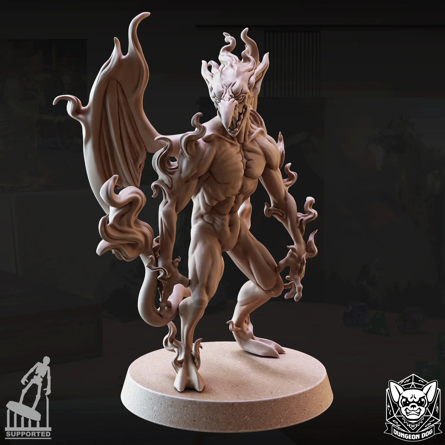 Side angle of Fire Mephit miniature showing flame wings and tail detail for fantasy RPG