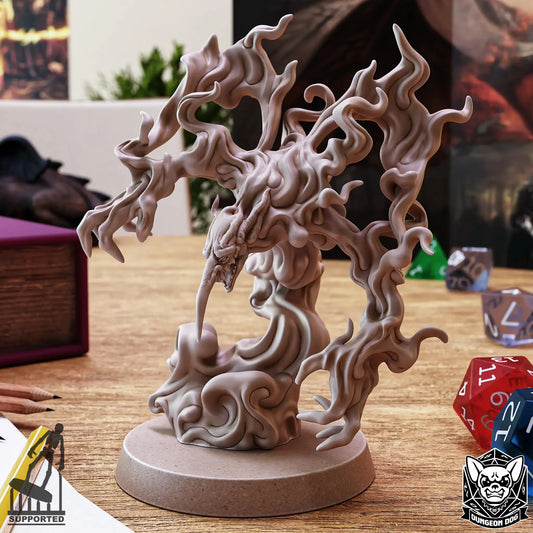 Resin Smoke Mephit miniature with swirling vapor and twisted draconic face for TTRPG and wargaming
