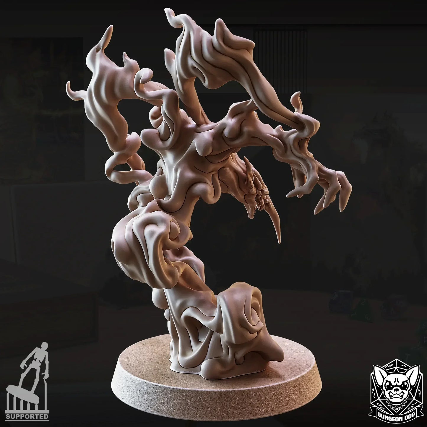 Side view of swirling resin Smoke Mephit with claws and twisted face for wargaming or RPGs