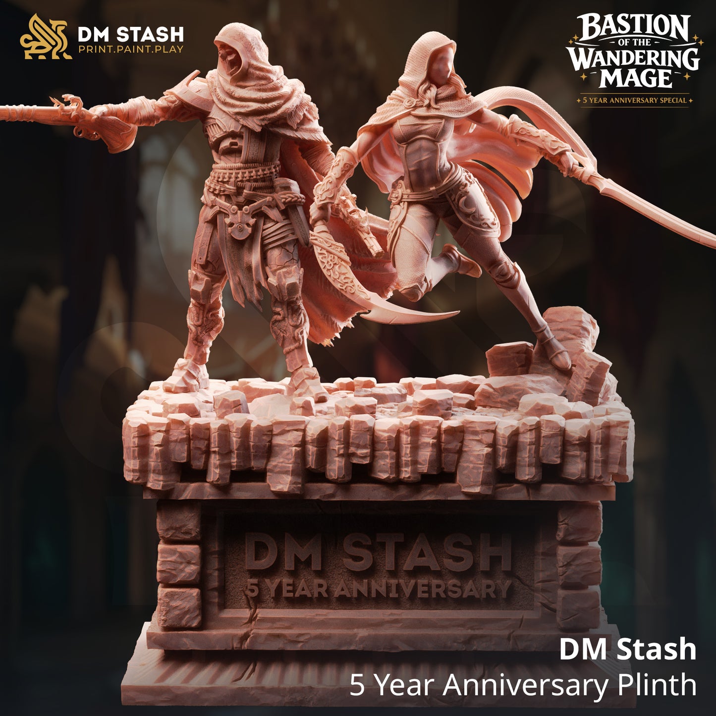 DM Stash 5 Year Anniversary Plinth resin diorama miniature featuring two heroes on an engraved display stand.
