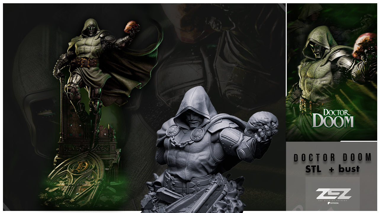 Promotional banner for the ZEZ Studios Doctor Doom kit featuring the full statue and the separate bust.