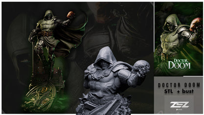 Promotional banner for the ZEZ Studios Doctor Doom kit featuring the full statue and the separate bust.