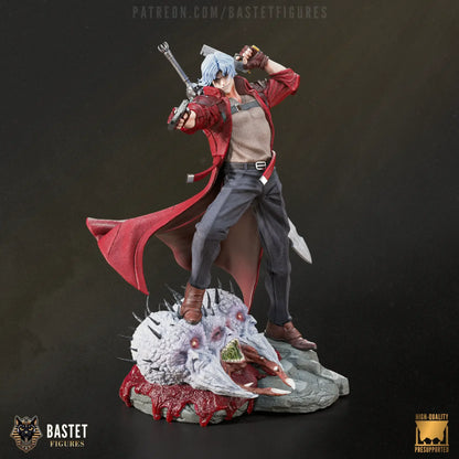 Painted Dante statue standing on demon base in iconic red outfit shirt on