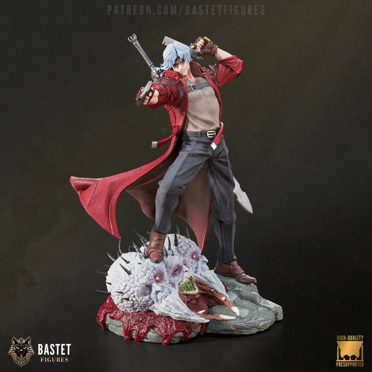 Painted Dante statue standing on demon base in iconic red outfit shirt on
