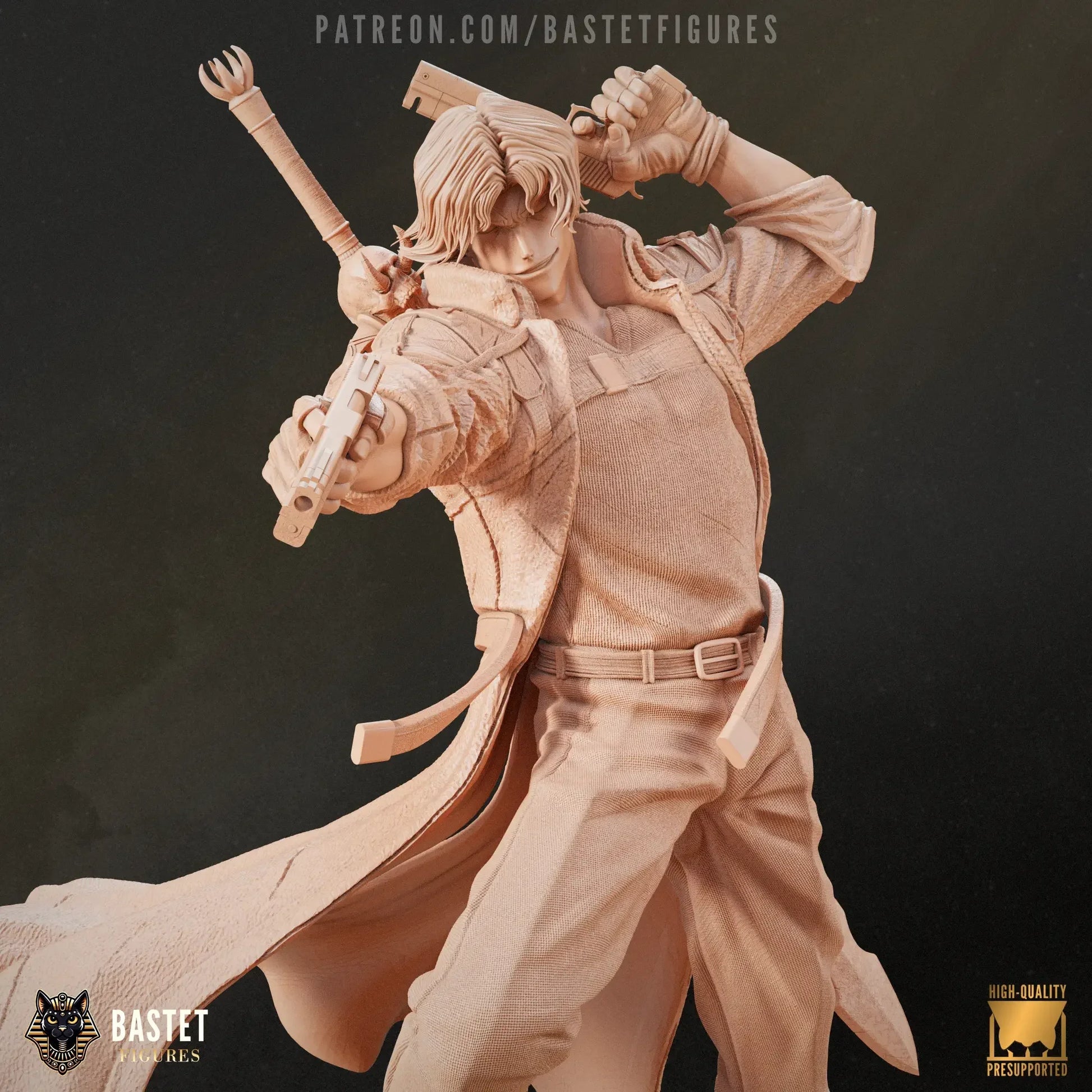 Unpainted bust of Dante aiming pistol with sword on back