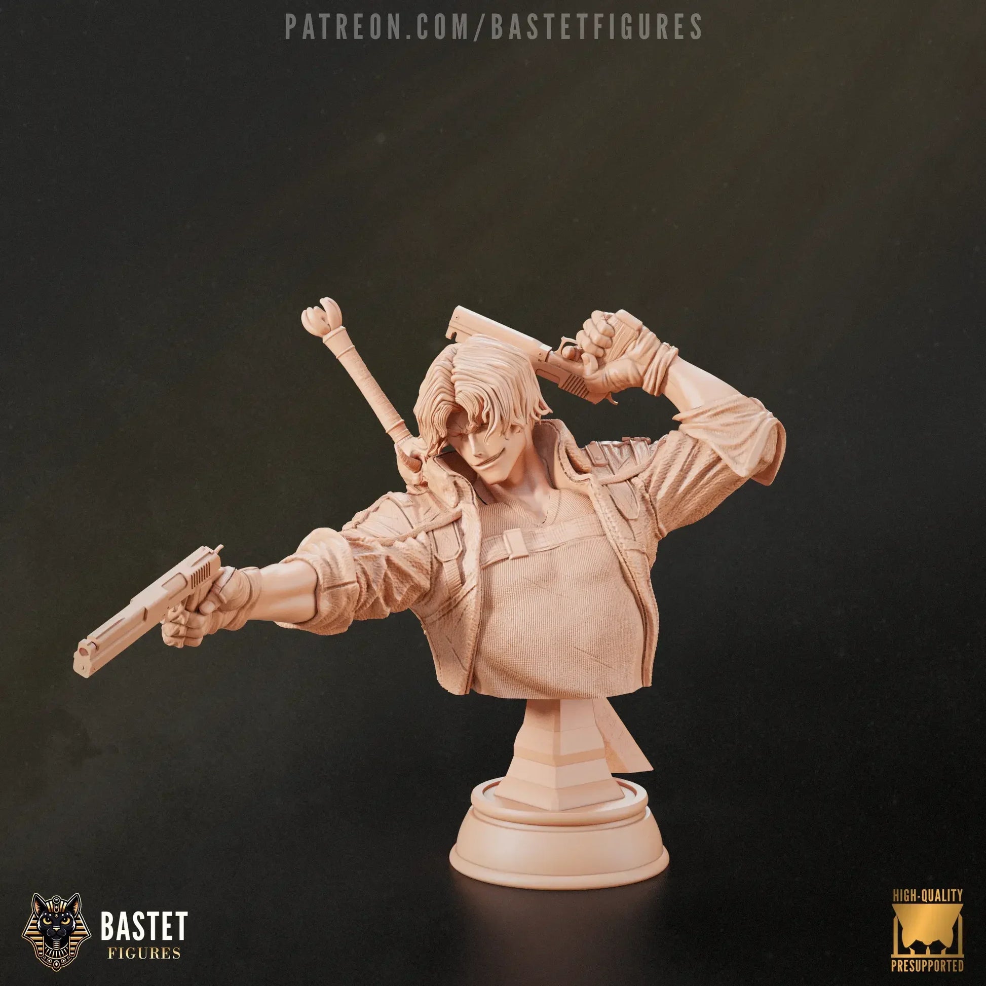 Unpainted bust of Dante aiming pistol with sword on back