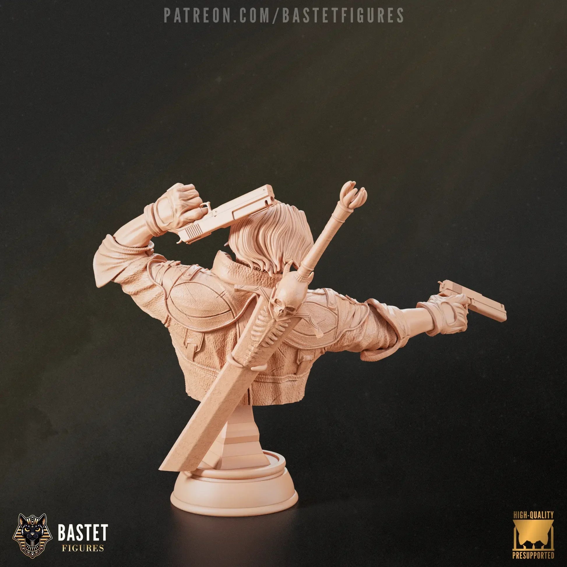 Unpainted bust rear view of Dante aiming pistol with sword on back