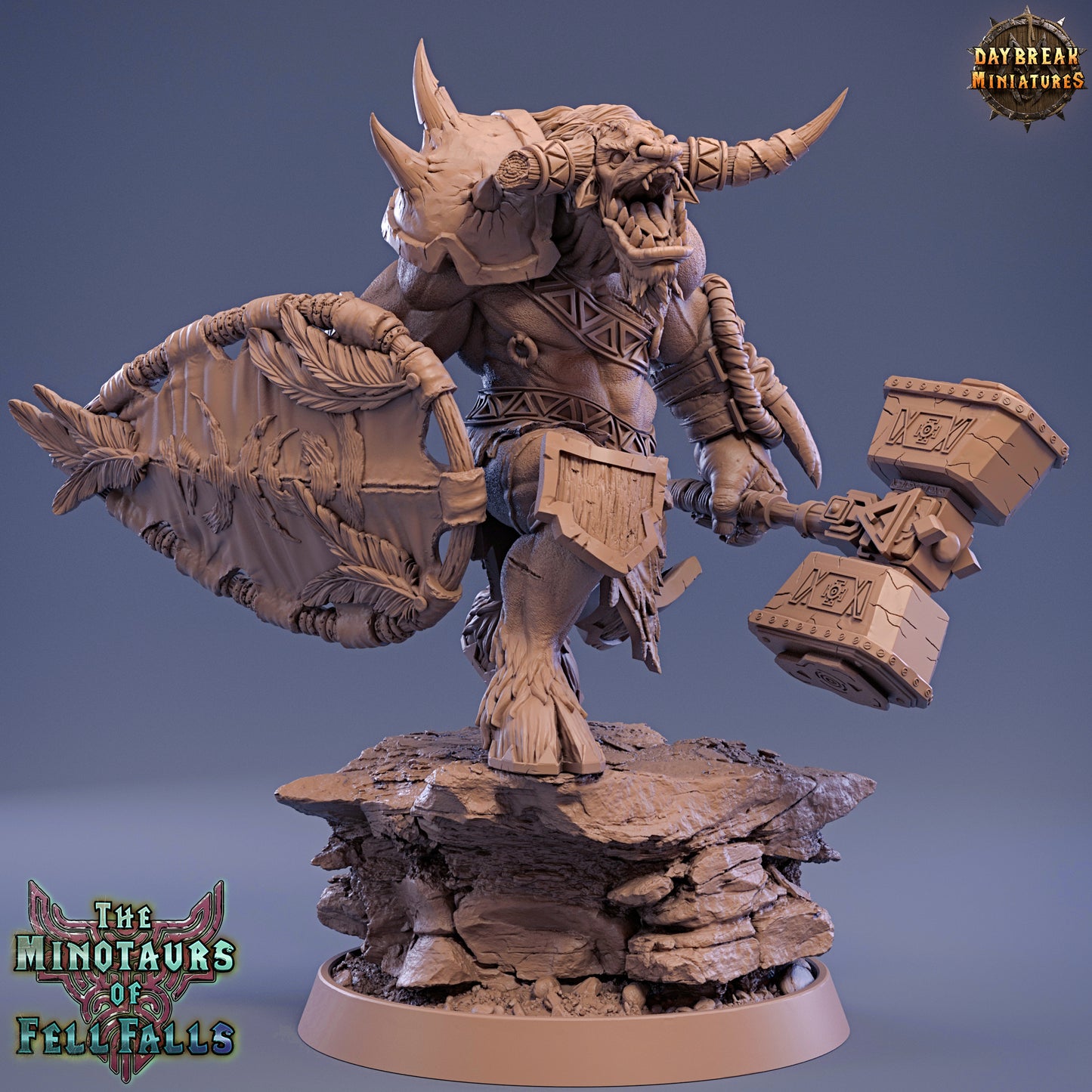Minotaur figurine with armor and weapons on a blue background, featuring Daybreak Miniatures branding.