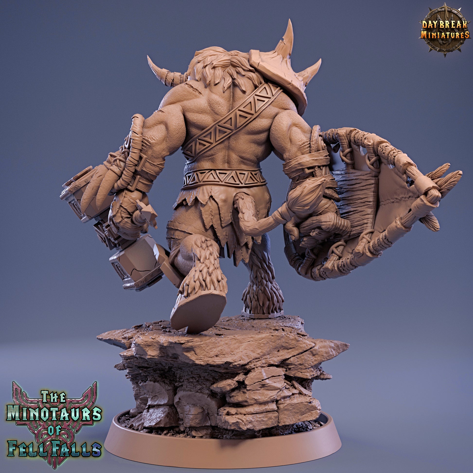Minotaur figurine with armor and weapons on a gray background, featuring 'Daybreak Miniatures' branding.