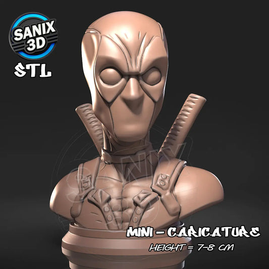 Deadpool caricature bust – stylized 3D printed resin fan art statue, 7–8 cm tall, available raw, primed, or painted for collectors