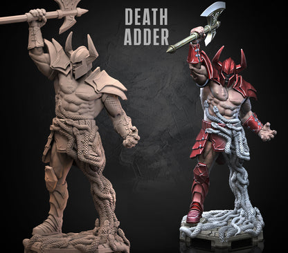 Cover image featuring the Death Adder resin miniature by Dragun Studios standing on a writhing snake base and wielding a massive greataxe.