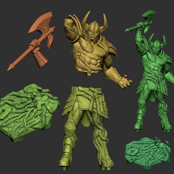Exploded parts view showing the assembly pieces for both the chunky 32mm scale and hyper-detailed 75mm scale Death Adder resin miniatures.