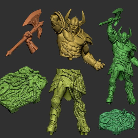 Exploded parts view showing the assembly pieces for both the chunky 32mm scale and hyper-detailed 75mm scale Death Adder resin miniatures.