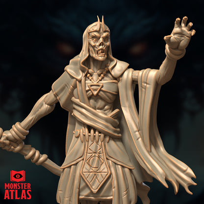Close-up detail of the Deathlock Mastermind miniature showing the skeletal face and reaching clawed hand.