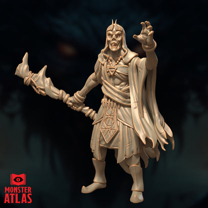 Profile view of the Monster Atlas Deathlock Mastermind showing the tattered robes and staff detail.