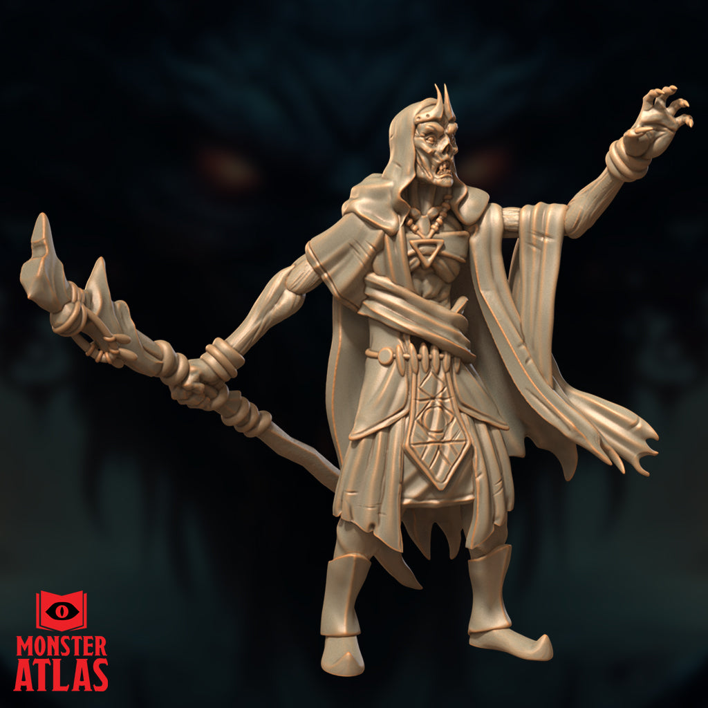 Full front view of the Deathlock Mastermind resin miniature holding a jagged bone staff.