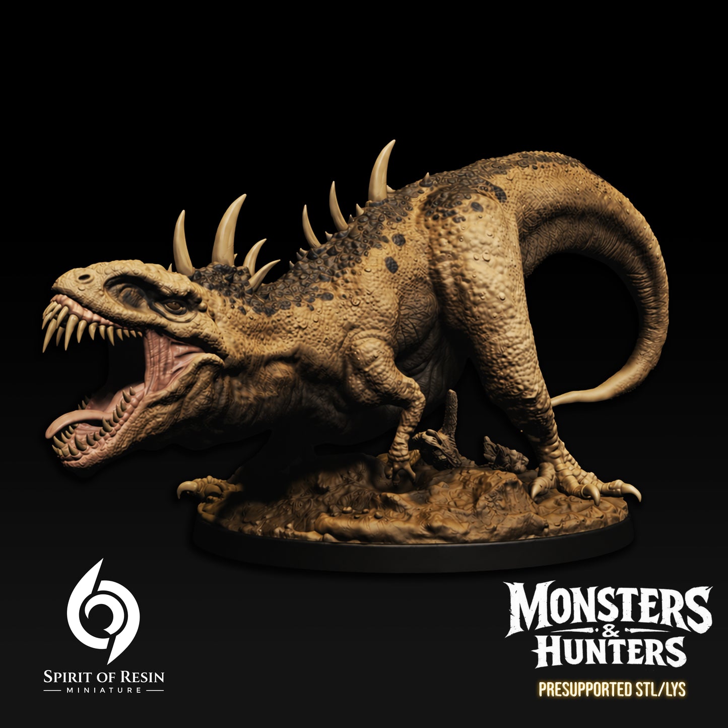 Deformed Rex 32mm scale miniature by Spirit of Resin Miniatures, showing the mutated dinosaur mid-roar with jagged dorsal spikes on a 75mm Huge scenic base.