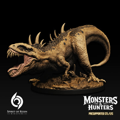 Deformed Rex 32mm scale miniature by Spirit of Resin Miniatures, showing the mutated dinosaur mid-roar with jagged dorsal spikes on a 75mm Huge scenic base.