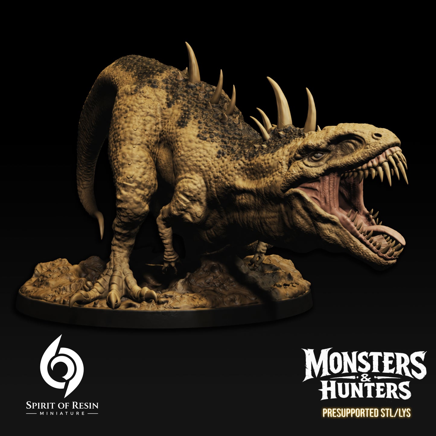 Front-facing view of the Deformed Rex resin mini by Spirit of Resin Miniatures, highlighting the massive open maw, uneven razor teeth, and powerful forward-leaning pose.