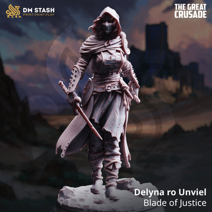 Delyna ro Unviel Blade of Justice human warrior resin miniature 32mm scale masked hero base included