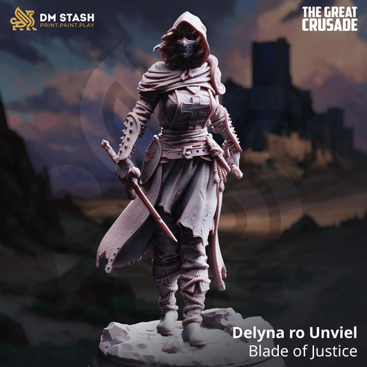 Delyna ro Unviel Blade of Justice human warrior resin miniature 32mm scale masked hero base included