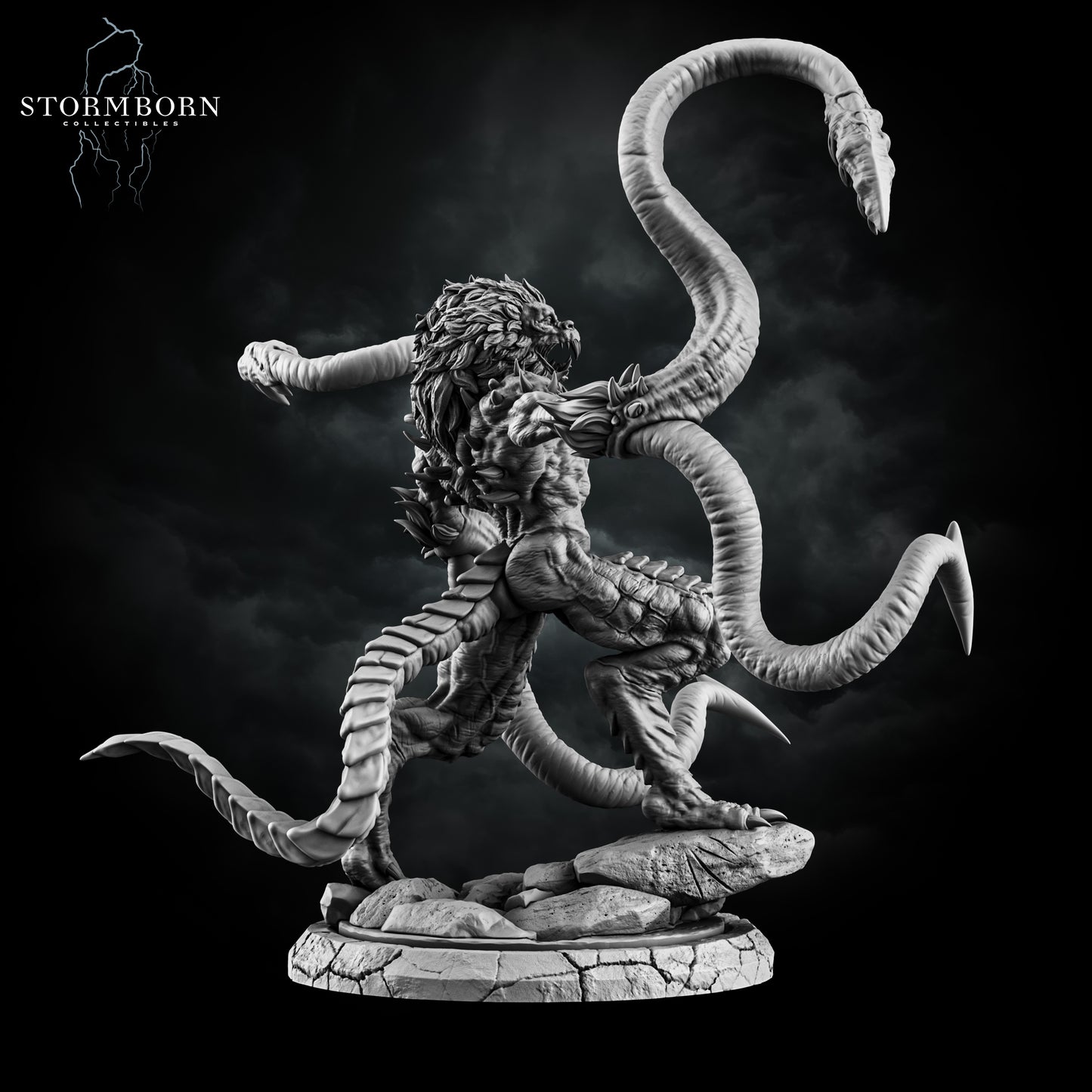 3D printed Demogorgon resin monstrosity featuring twin bestial heads and massive tentacles posed on a cracked stone base