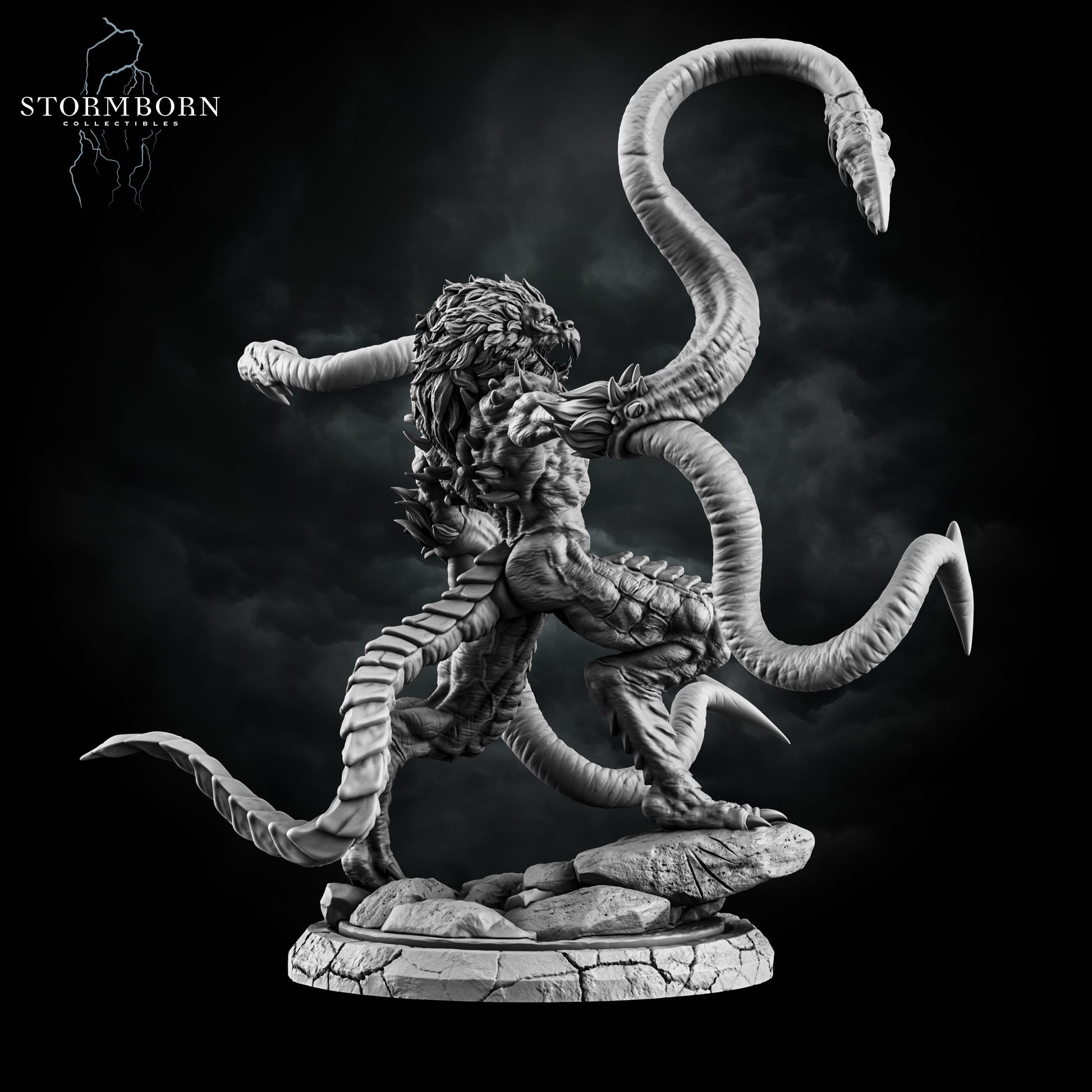 3D printed Demogorgon resin monstrosity featuring twin bestial heads and massive tentacles posed on a cracked stone base
