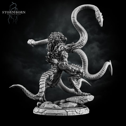 3D printed Demogorgon resin monstrosity featuring twin bestial heads and massive tentacles posed on a cracked stone base