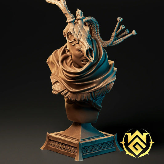 Desert Druid Cai resin miniature with staff, skulls, and horned headdress, available in multiple sizes for TTRPG or display