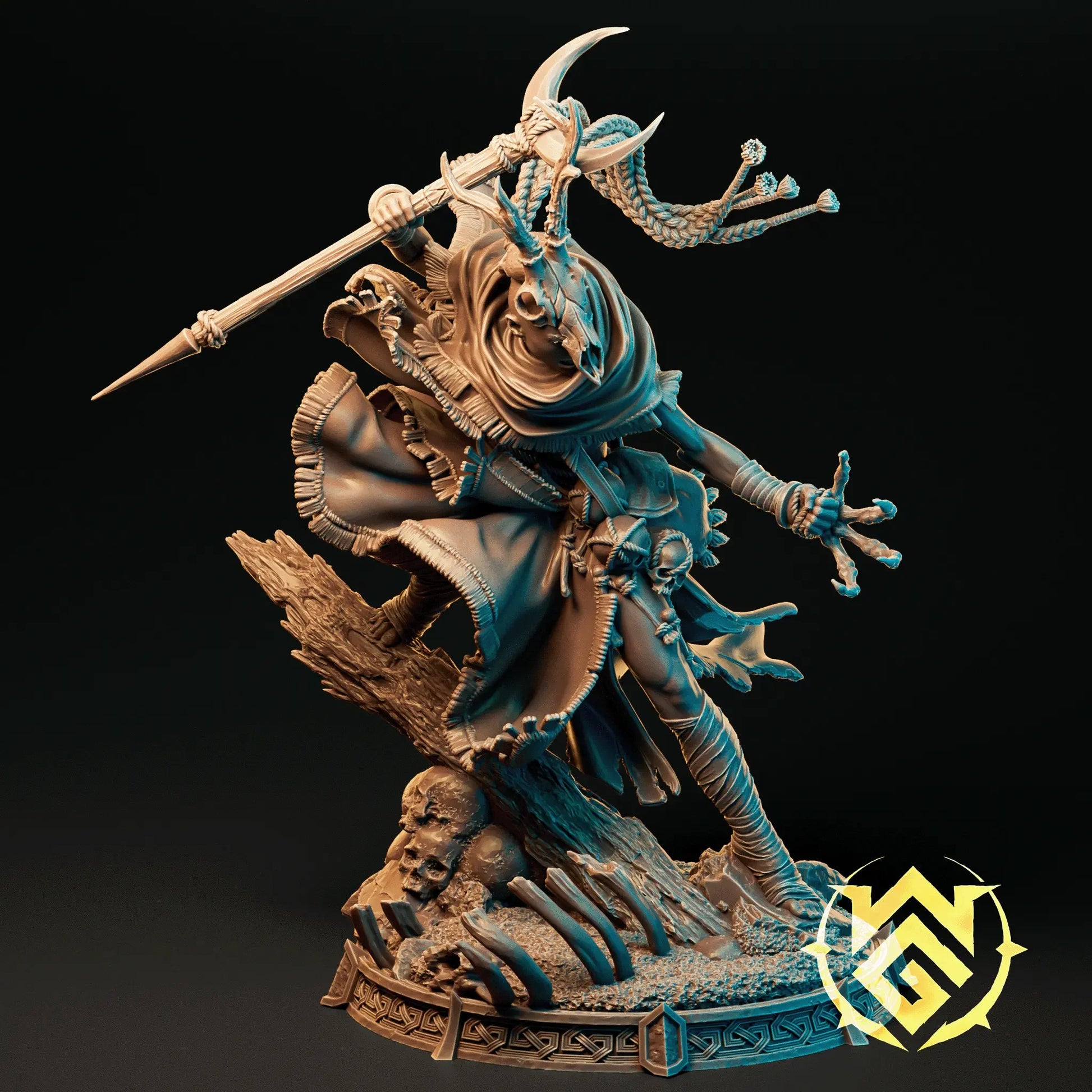 Desert Druid Cai resin miniature with staff, skulls, and horned headdress, available in multiple sizes for TTRPG or display
