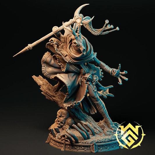Desert Druid Cai resin miniature with staff, skulls, and horned headdress, available in multiple sizes for TTRPG or display