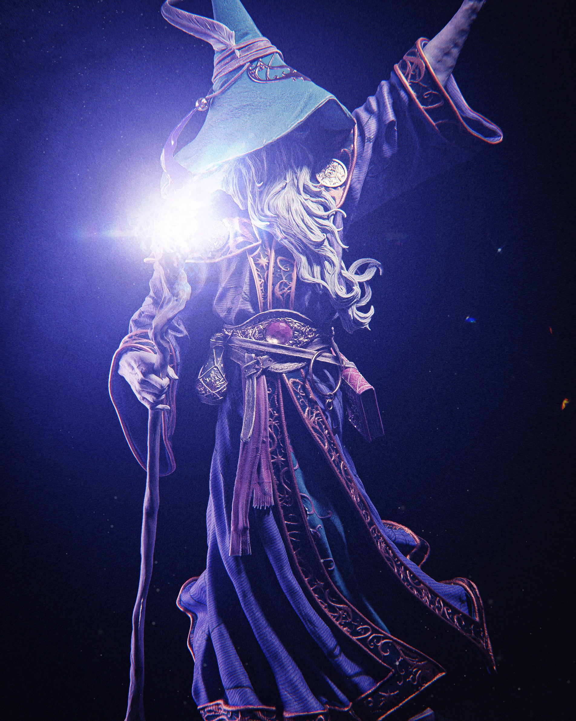 Fantasy character in a blue robe and hat with glowing light, against a dark background