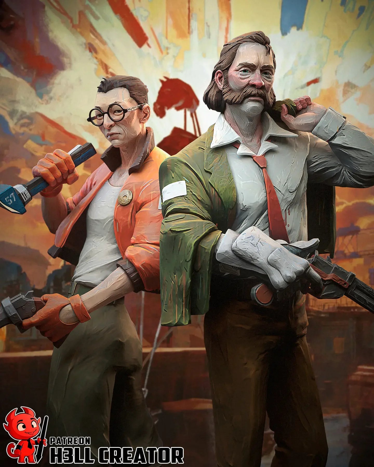 Digital render of 3D printed figures of Kim Kitsuragi and Harry Du Bois from Disco Elysium standing back to back with dramatic backdrop