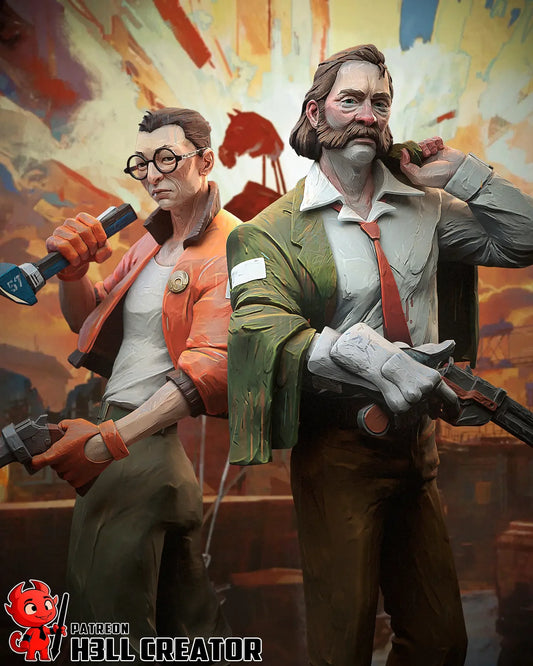 Digital render of 3D printed figures of Kim Kitsuragi and Harry Du Bois from Disco Elysium standing back to back with dramatic backdrop