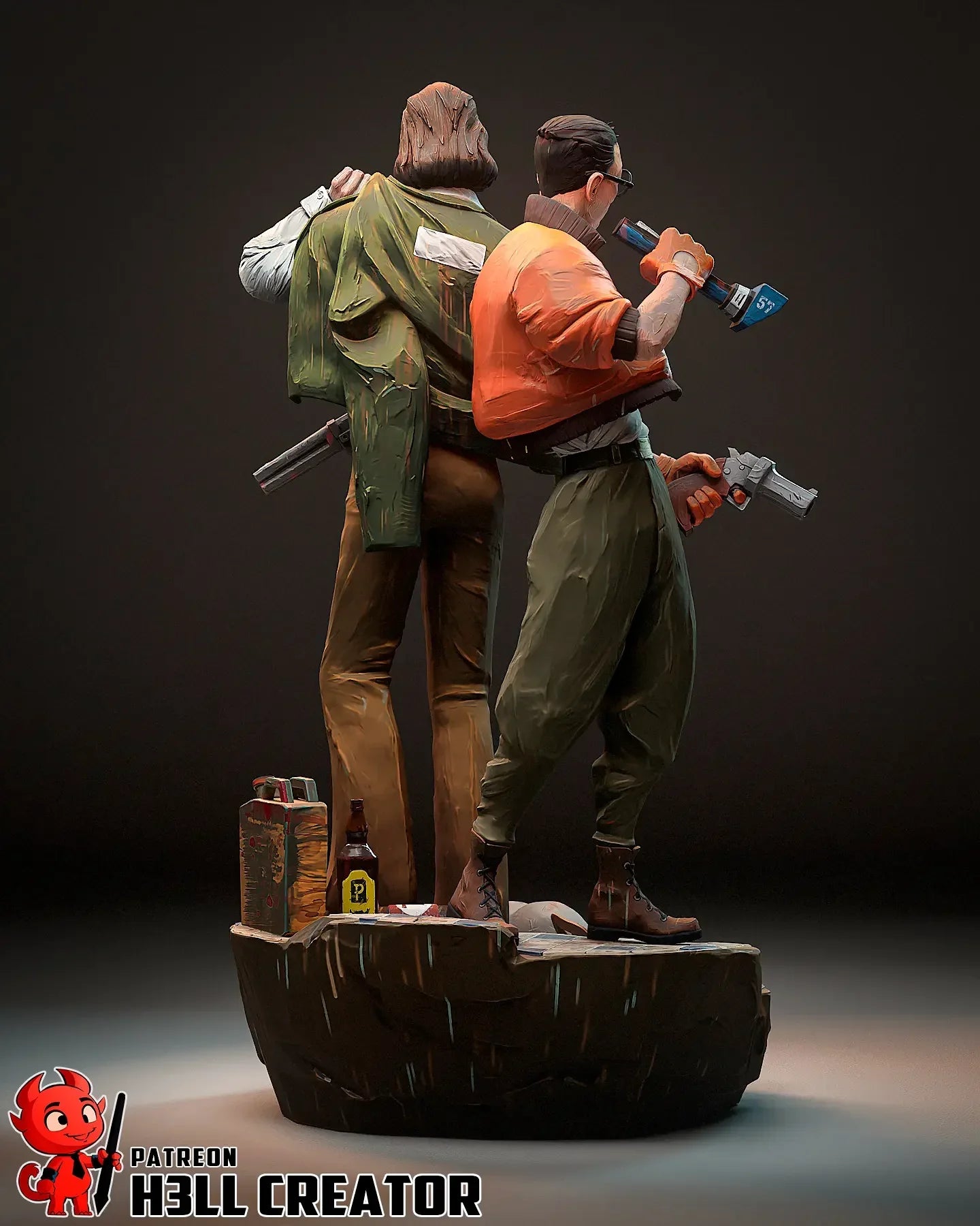 Back view of Disco Elysium figures showing details of Harry’s coat and Kim holding flashlight and gun