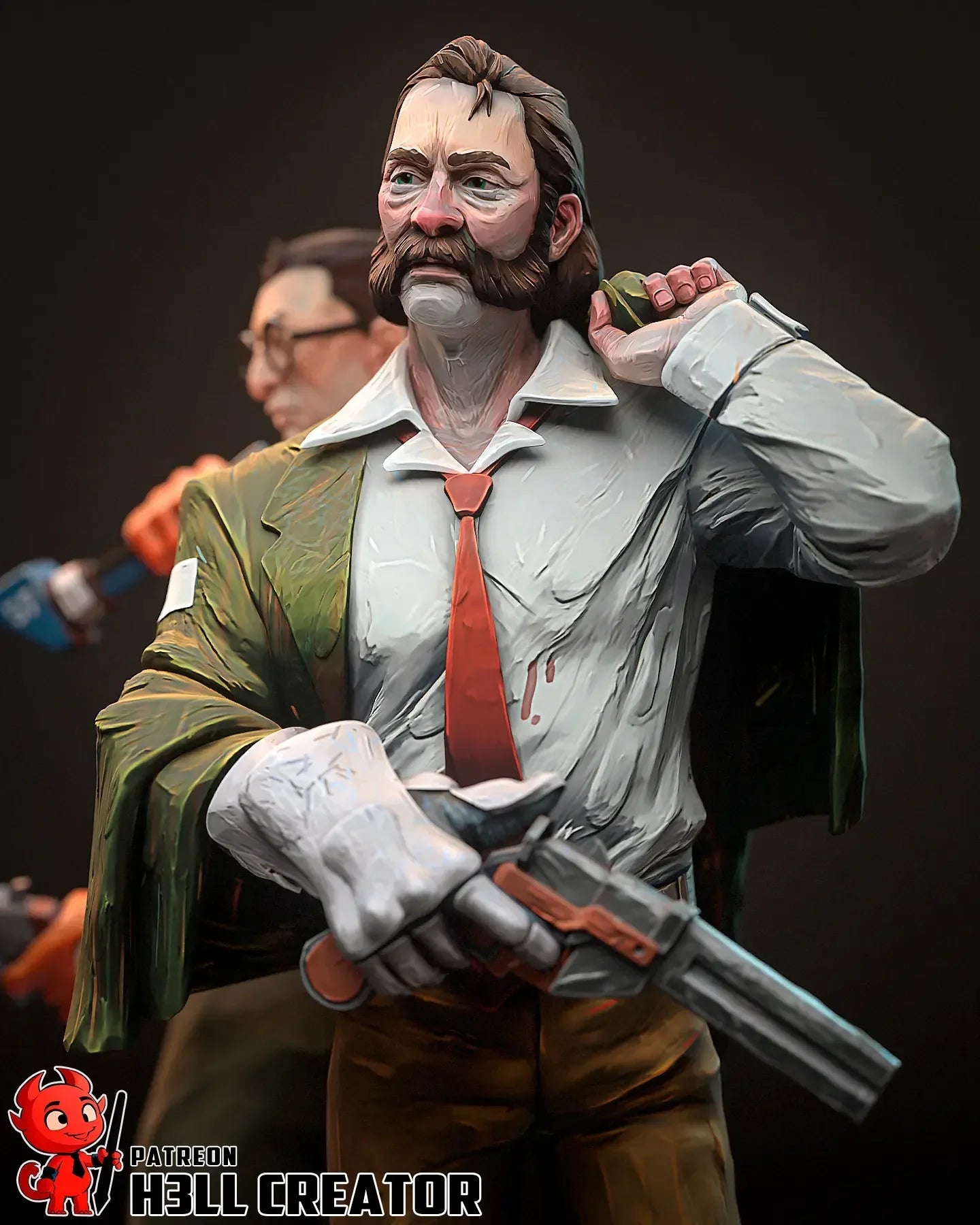 Close up of Harrier "Harry" Du Bois figure in green coat with white glove and revolver