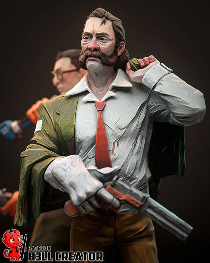 Close up of Harrier "Harry" Du Bois figure in green coat with white glove and revolver