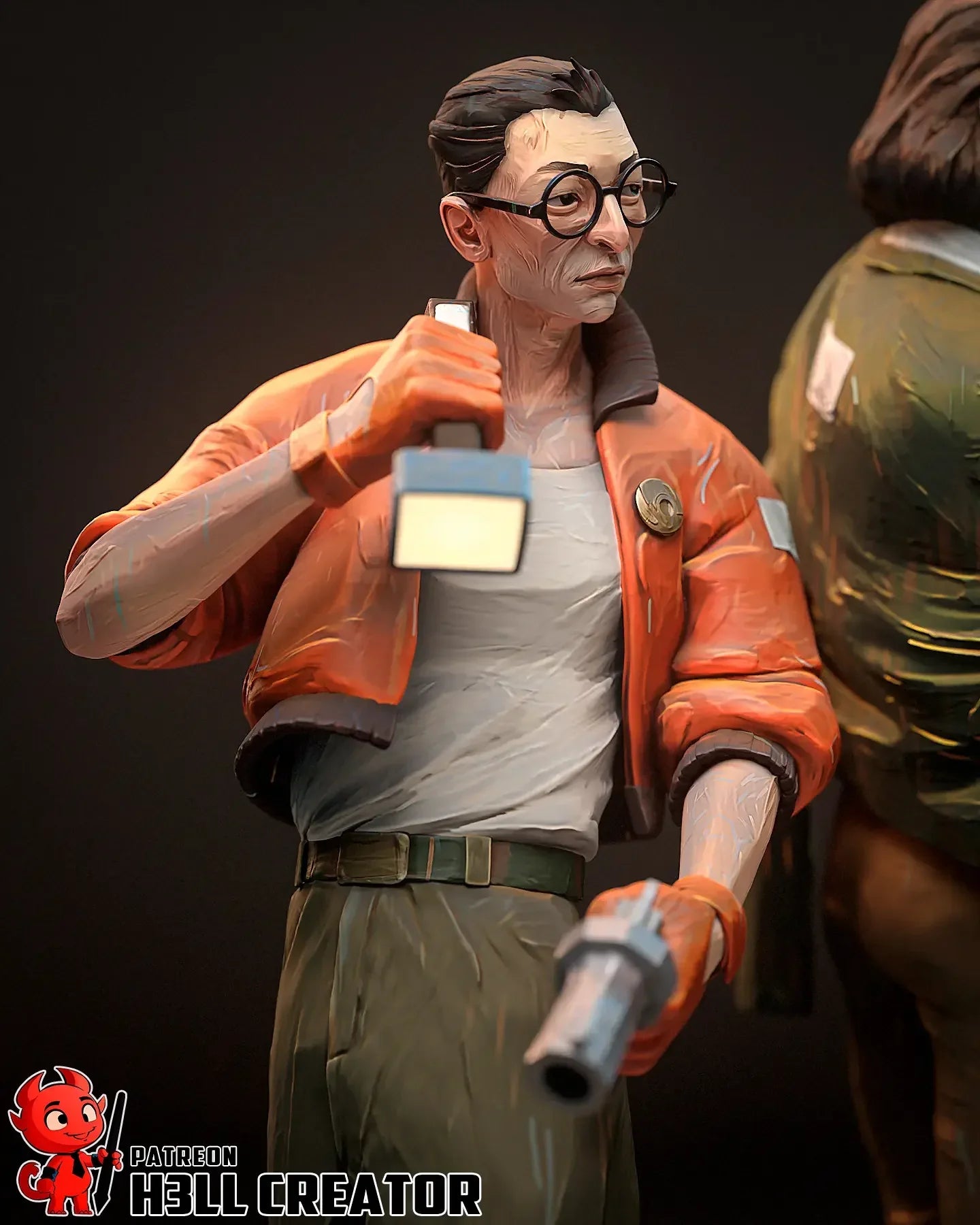 Close up of Kim Kitsuragi figure in orange jacket holding flashlight and revolver