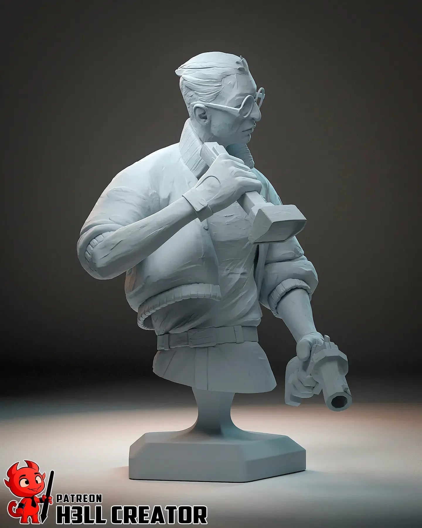 Unpainted bust of Kim Kitsuragi from Disco Elysium holding flashlight and revolver