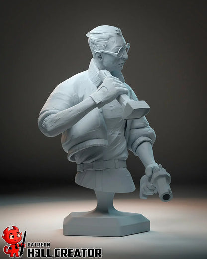 Unpainted bust of Kim Kitsuragi from Disco Elysium holding flashlight and revolver
