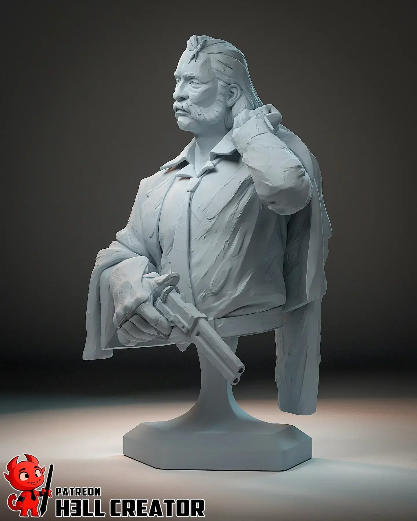Unpainted bust of Harry Du Bois from Disco Elysium resting coat on shoulder holding revolver