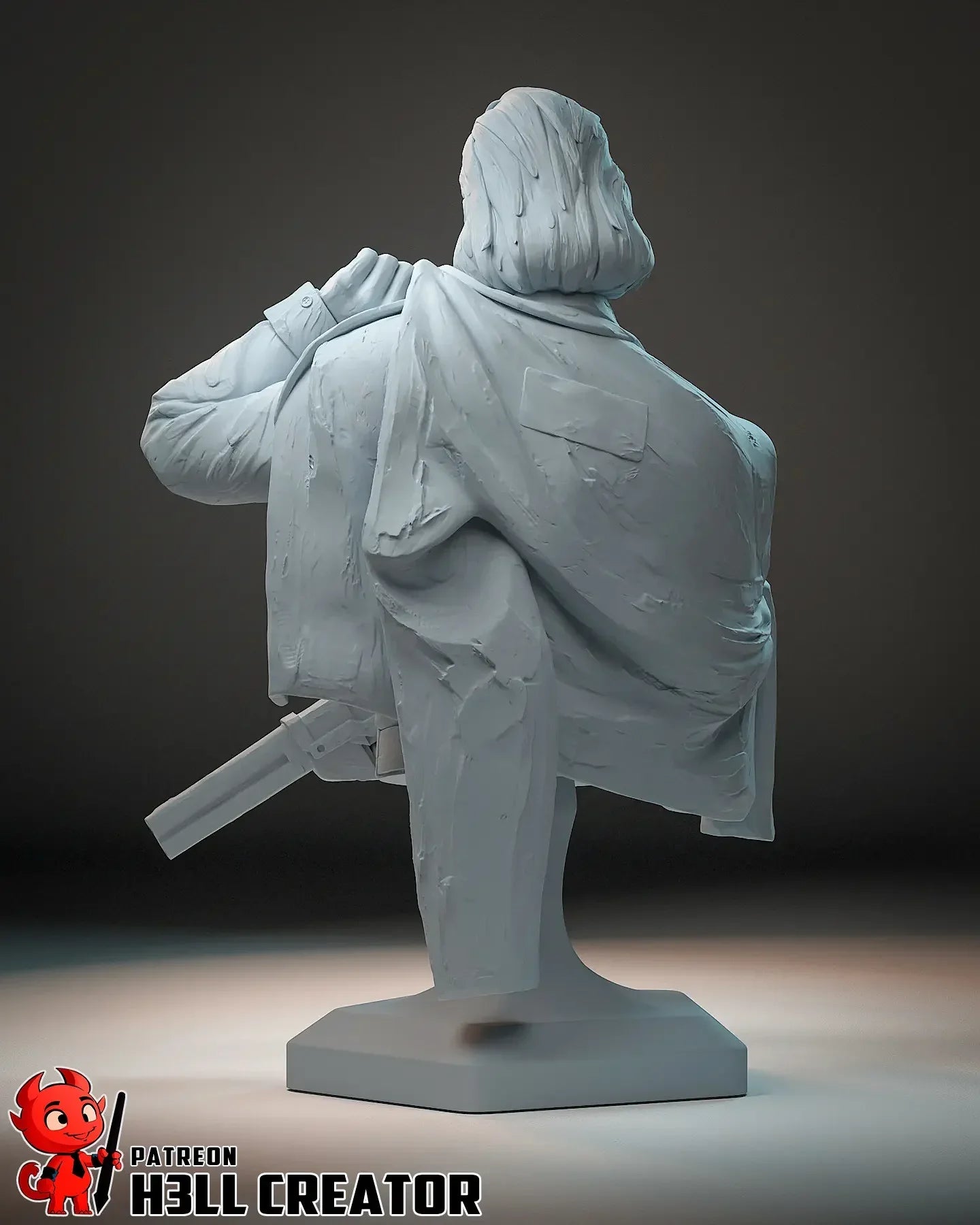 Rear view of Harry Du Bois bust highlighting coat drape and revolver holster